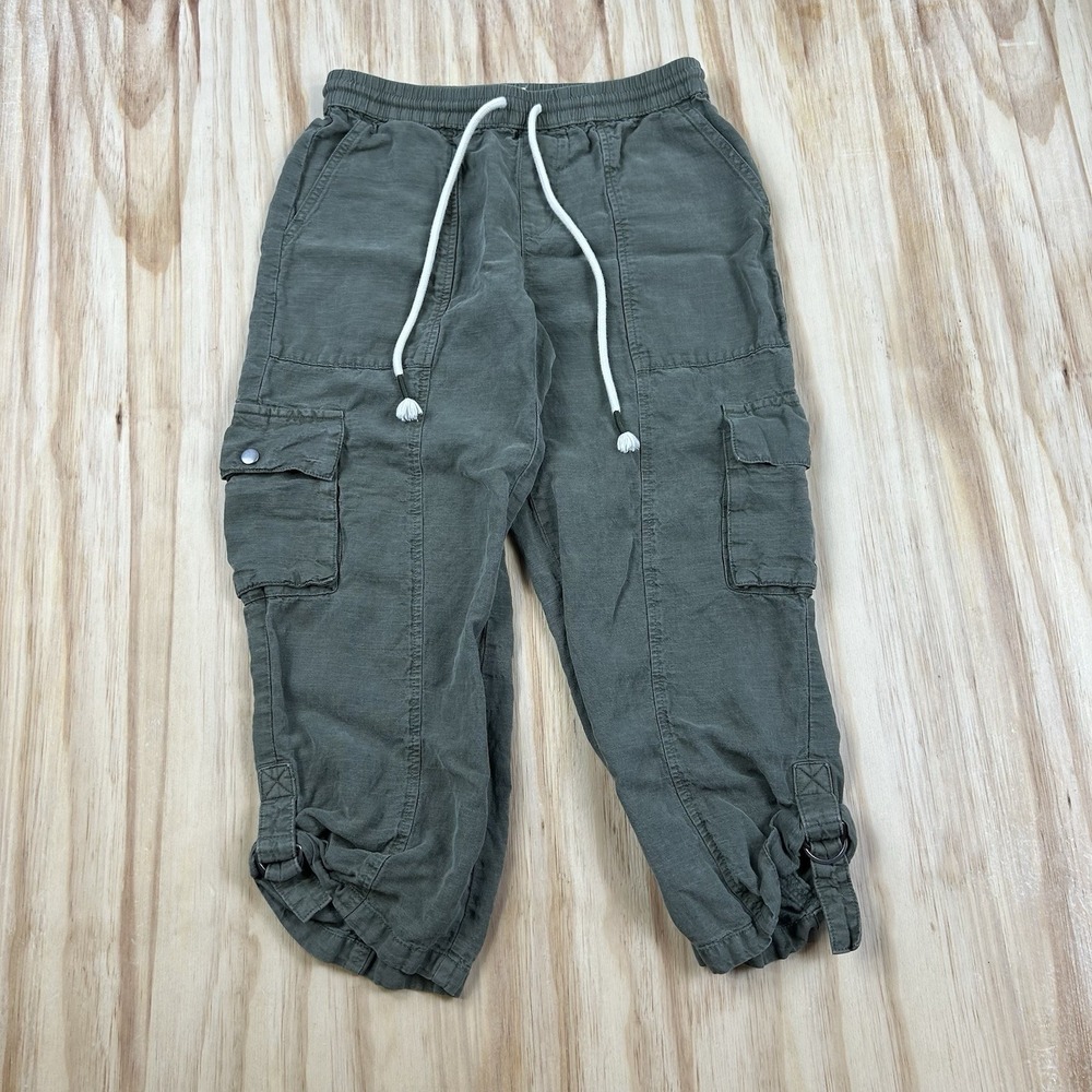 Nicole Miller New York Women's Sage Linen Blend Crop Cargo Pants Small
